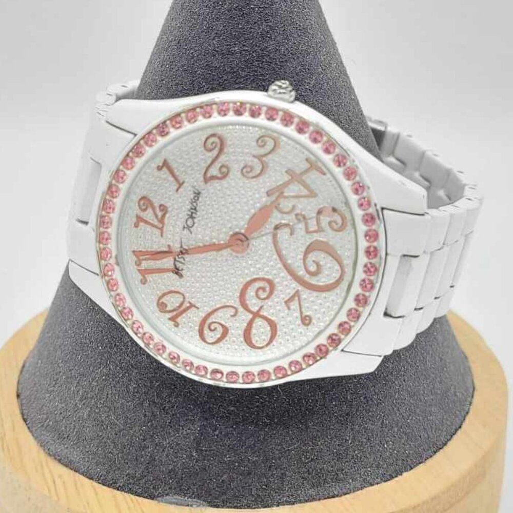 Betsey Johnson White Face with Pink Exploding Numbers Watch Pink Crystal Bezel